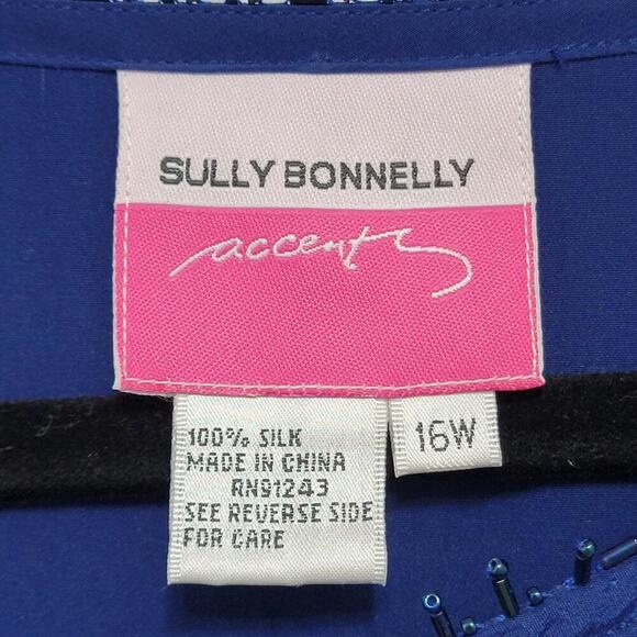 Sully Bonnelly Blue Silk Tunic 16W Asymmetric Long Fancy Beaded Hem 684 - Picture 3 of 12